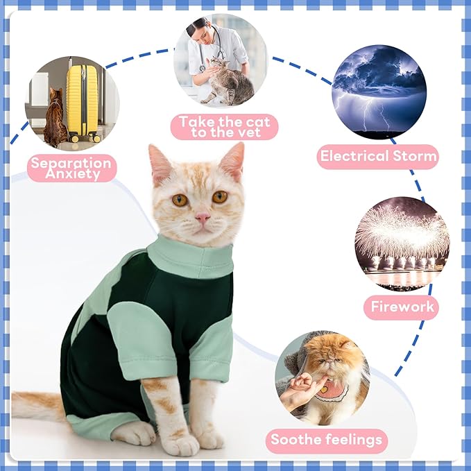 Anxiety Relief Catsuit, Color Blocking Cat Clothes, Adjustable Calming Onesie for Separation, Vet Visit, Thunderstorms, Fireworks, Travelling, Anti-Anxiety Wrap for Cats, Green Large