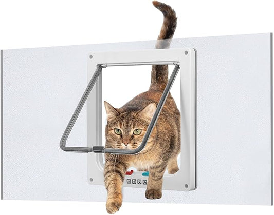 Cat Door for Window, Safety Cat Window with 4 Locking Modes, Fits 12" - 36" Window, Pet Friendly Window Cat Door Insert, Ease of Installation, Magnetic Closure, Weatherproof Design, Frosted Plexiglass