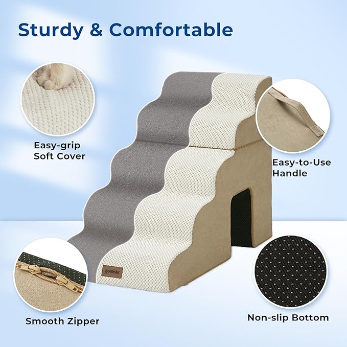 Dog Stairs for Large Dogs - 5 Steps 24" H Pet Ramps for High Bed 2 in 1 with Zippers Suitable for Cats, Indoor Cat Ladders with Non-Slip Bottom, Beige