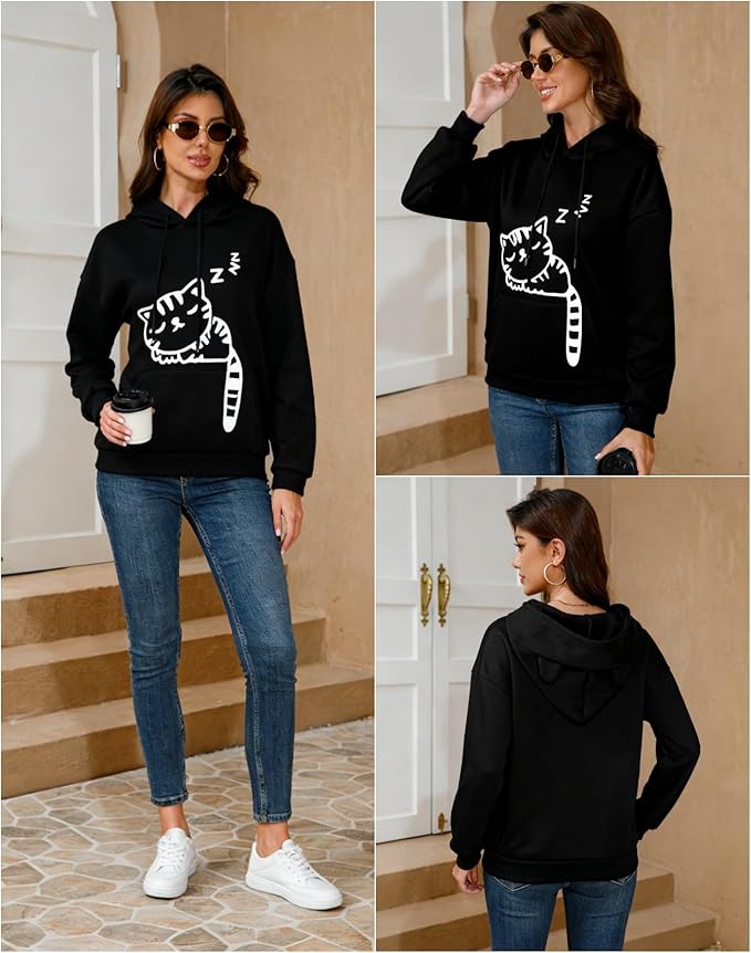 Women Girl Hoodies Cute Cat Ear Novelty Printed Pullover Sweatshirt