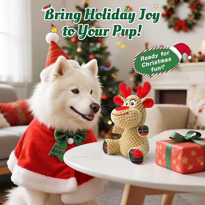 Christmas Dog Toys - Cute Reindeer Durable Squeaky Plush Dog Toy for Small, Medium & Large Dogs, Soft Xmas Gift for Pets