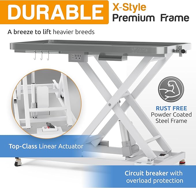 KANIS - 50" Professional Stainless Steel Dog Bathing Station, Left RAMP + 49" Professional Electric Dog Grooming Table, White
