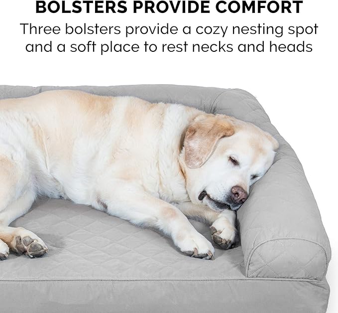 FurHaven Classic Sofa Orthopedic Dog Bed for Large Dogs with Orthopedic Solid Slab Memory Foam for Joint Support, Removable Washable Cover, Jumbo Plus/XXL, Quilted Sofa, Silver Gray