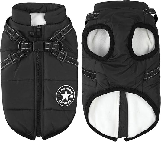 Aiboria Dog Coat for Winter Waterproof Dogs Jackets Windproof Fleece Small Dog Vest Harness Winter Padded Pet Black L