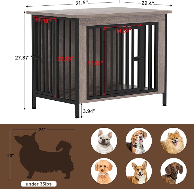 EasyCom Dog Crate Furniture for 1 or 2 Dogs, Heavy Duty Single/Double Dog Crates for Small/Medium/Large Dogs, Dog Kennel Furniture Indoor as TV Stand, Medium Size 31.5" L(20-35 Pounds), Oak Grey