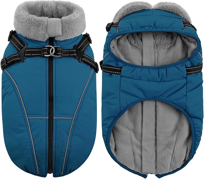 Queenmore Dog Coat,Windproof Dog Coat for Medium Dogs,Dogs Jackets with Harness Built in,Waterproof Doggy Coats with Zipper On Back,Reflective Cold Weather Coats for Dachshund，Boston Terrier,Blue,M