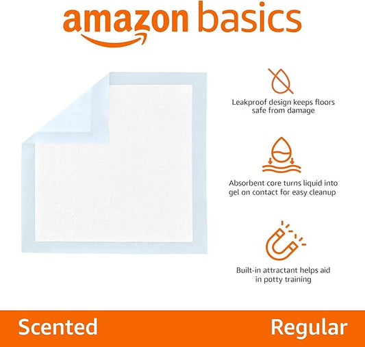 Amazon Basics Scented Dog and Puppy Pee Pads, 5-Layer Leak-Proof Super Absorbent, Quick-Dry Surface, Potty Training, Regular (22x22"), 100 Count, Blue & White