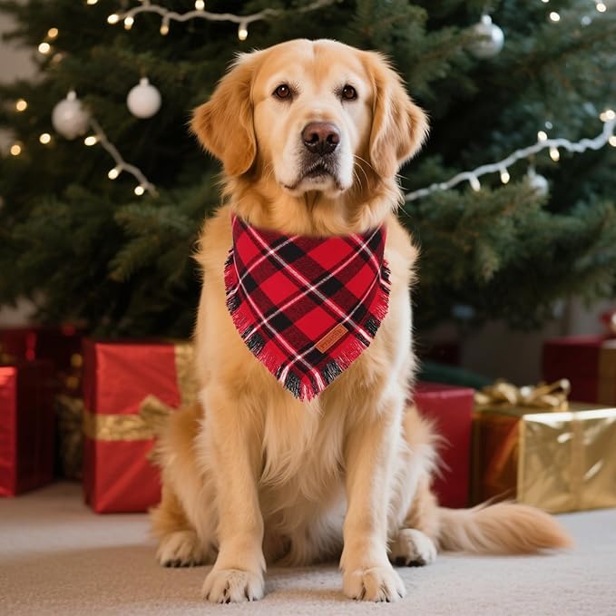 PTDECOR Christmas Dog Bandanas with Tassels Edges, 2 Pack Stylish Red Green Plaid Scarf Bibs, Premium Cotton Fabric, Reversible Triangle Christmas Bandanas for Extra Large Dogs (X-Large)
