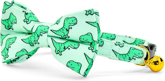 Cat Bow Collar, Green Dinosaur Pattern, Quick Release Safety Buckle, (8" - 13")