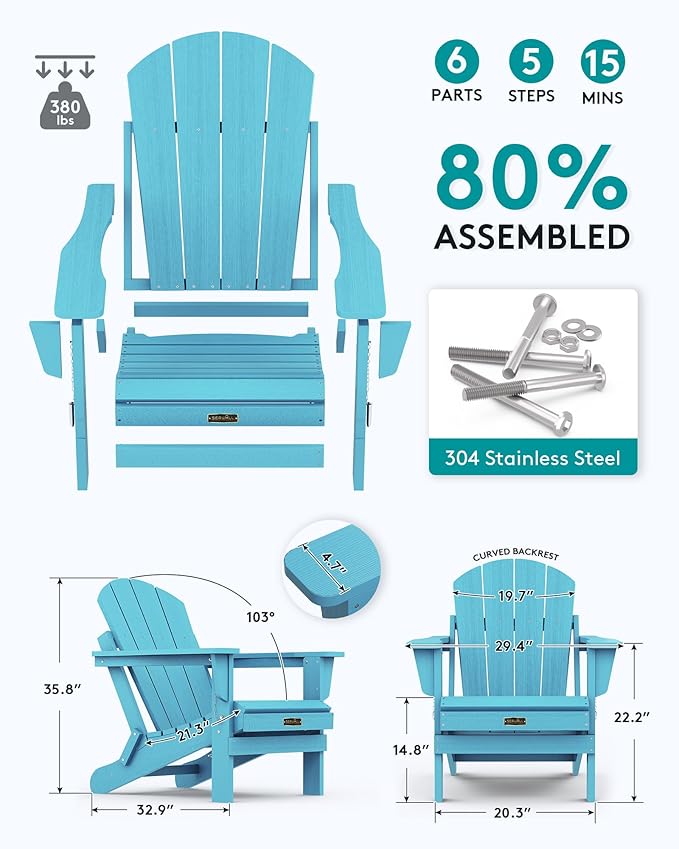 SERWALL Foldable Adirondack Chair Set of 4 for Patio Garden Outdoors- Aruba Blue