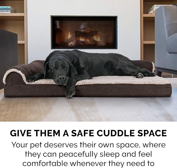 FurHaven Orthopedic Dog Bed for Large Dogs, L-Shaped Chaise Contour Mattress with Egg Crate Orthopedic Memory Foam for Joint Support, Removable Washable Cover, Jumbo/XL, Faux Fur & Suede, Espresso