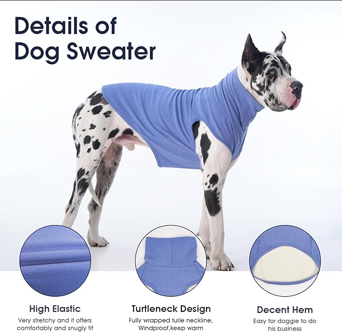 IECOii XL Dog Sweater - Stretch Fleece Vest with Turtleneck - Blue,X-Large, Warm Pullover Dog Fleece Coat for Large Dogs - Christmas Pet Sweatshirt for Boys & Girls, Machine Washable