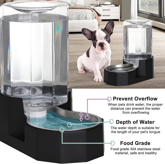 Sfozstra Dog Water Bowl Dispenser: 7L Large Black Gravity Stainless Steel Bowl - with Specialized Brush - Pet Feeder for Pets with Spinal Problems - Use in Garage Garden