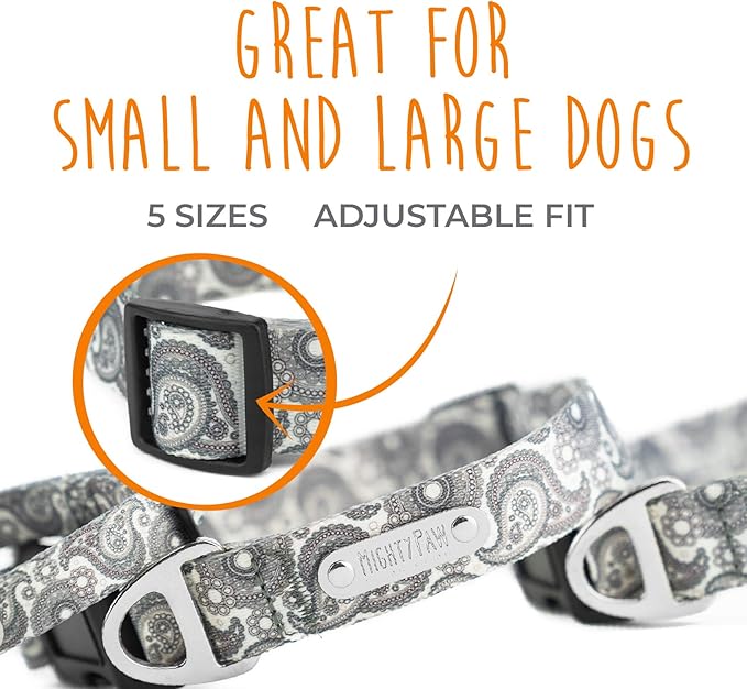 Mighty Paw Grey Paisley Designer Collar - Stylish and Sleek - Great for Small and Large Dogs - Ultimate Comfort with Soft Premium Polyester Webbing - Heavy-Duty Hardware for Long Lasting Use - M