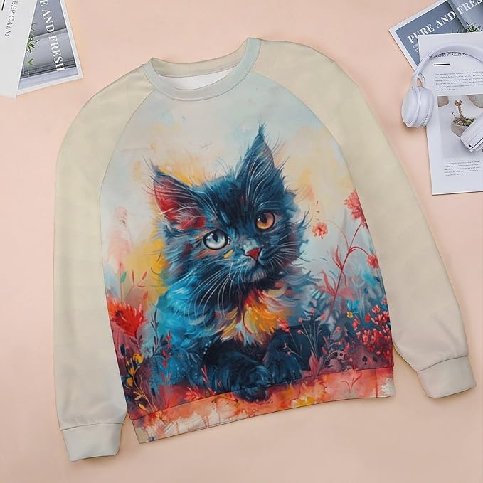 Womens novelty funny cat printed crewneck sweatshirt casual loose long sleeve graphic pullover sweatshirts tops