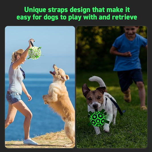 QDAN Premium Glow in The Dark Dog Toys, Dog Ball with Straps, Soccer Ball for Dogs, Outdoor Dog Toys, Pet Birthday Toys, Puppy Essentials for Medium to Large (8Inch)