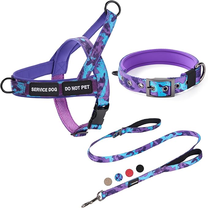 Annchwool No Pull Dog Harness,Collar & Leash Set|Dog Harness with Handle+Heavy Duty Dog Collar+Dog Leash with Double Handle & Car Seatbelt Clip|Easy for Walking Medium Large Size Dogs(Camo Purple,M)