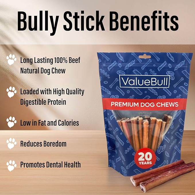 ValueBull Bully Sticks for Small Dogs, Thin 6 Inch, 25 Count - All Natural, Grass Fed, Single Ingredient, Long Lasting Dog Treats