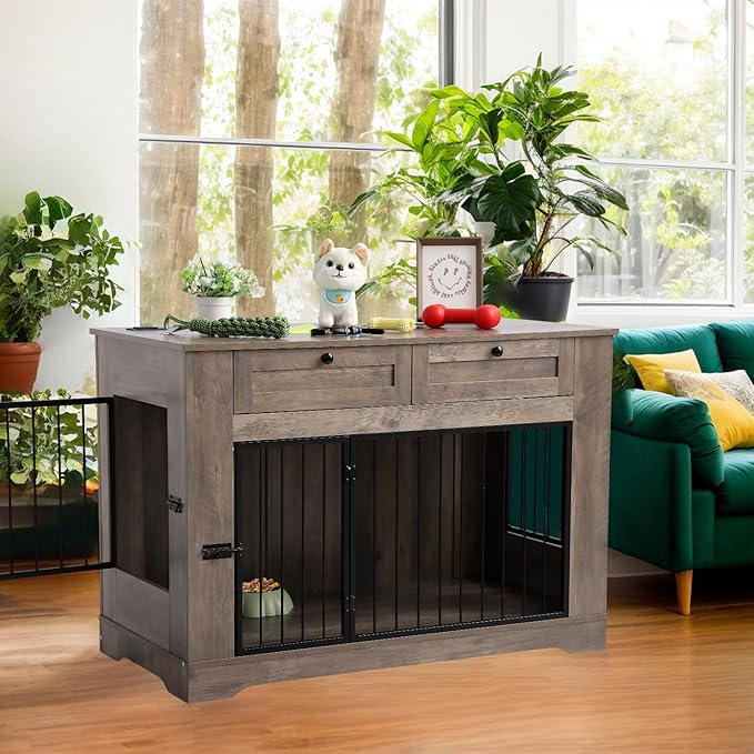 Large Dog Crate Furniture-Decorative Heavy Duty Dog Cage Indoor, Wooden Dog Cage End Table with Charging Station, Dog House with 2 Drawers (Gray, 47.2''L)