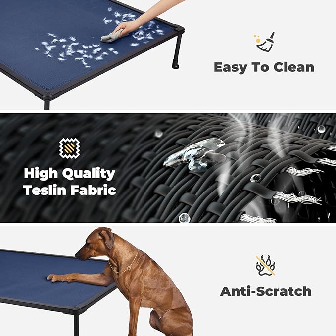 Veehoo Chewproof Elevated Dog Bed - Cooling Raised Pet Cot, Breathable Mesh, Washable & Non-Slip for Large Dogs, Indoor/Outdoor, Blue Mat and Black Frame, 59x37inches (Model CWC2203A03)