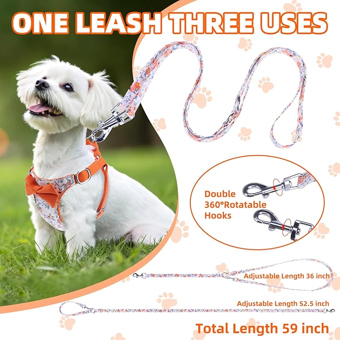 PUPTECK Dog Harness and Leash Set Small Sized, Step-in Cute Puppy Harness, Soft Lightweight Padded Vest, Escape Proof No Pull Pet Harnesses Easy for Walking, Flower Orange, XXS