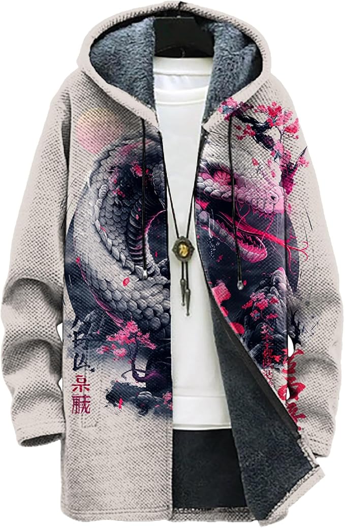MARSVOVO Cool Hippie Long Cardigan Hoodies for Men Zipper Fleece Lined Knit Coat Skull Animal Print Graphic Jackets