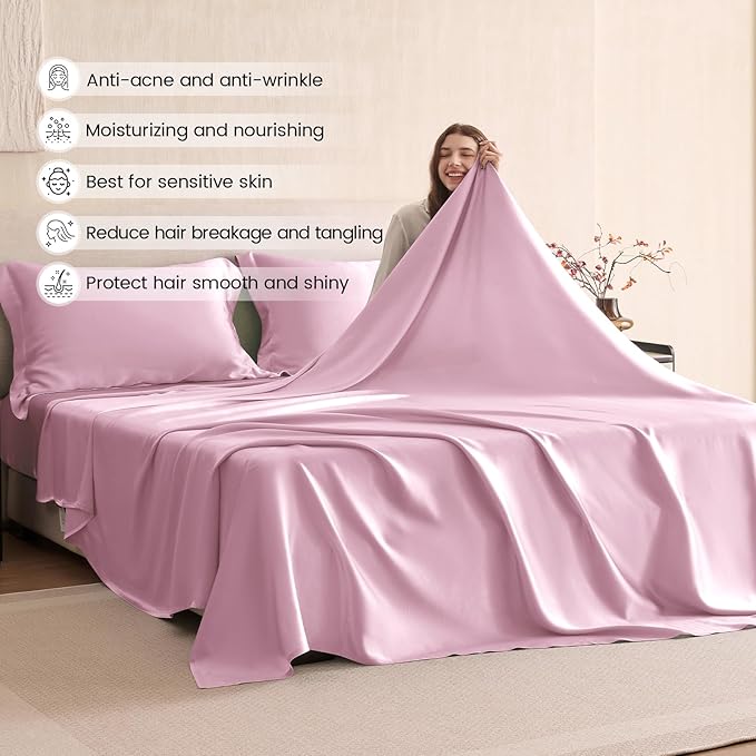 THXSILK Silk Sheet Set 4Pcs, 6A+ Top Grade 100% Natural Mulberry Silk Bed Sheets, Luxury Bedding Sets Ultra Soft Durable, 1 Fitted Sheet, 1 Flat Sheet and 2 Pillow Shams (Queen, Lavender)