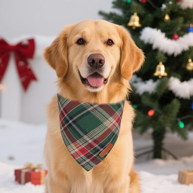 ADOGGYGO Christmas Dog Bandanas 2 Pack, Premium Cotton Fabric, Red Green Plaid Xmas Pet Scarf, Christmas Bandanas for Extra Large Dogs (X-Large)