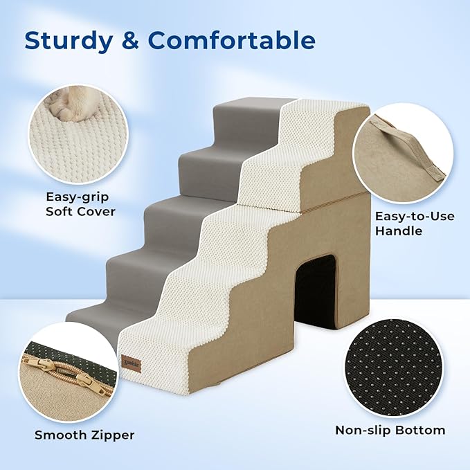 Dog Steps for High Beds - 6 Step 28.5" H Pet Stairs with Tunnel 2 in 1 with Zippers Suitable for Small Dogs and Cats, Indoor Cat Ladders with Non-Slip Bottom, Beige