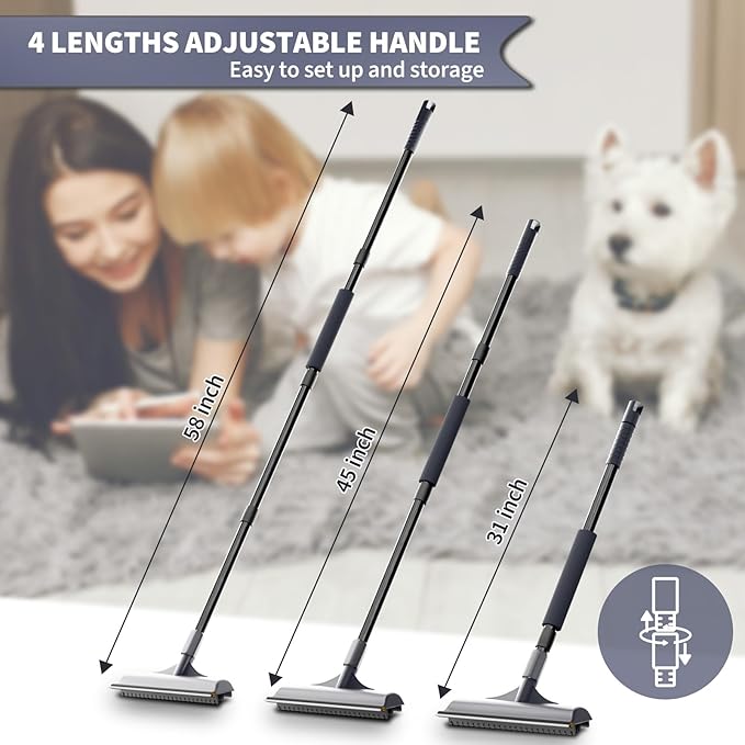 Carpet Rake for Pet Hair Removal - 3 in 1 Reusable Pet Hair Remover Tool with 58" Adjustable Long Handle,Dog & Cat Carpet Scraper,Pet Hair Remover for Rugs,Mats,Couch,Curtains(Gray)