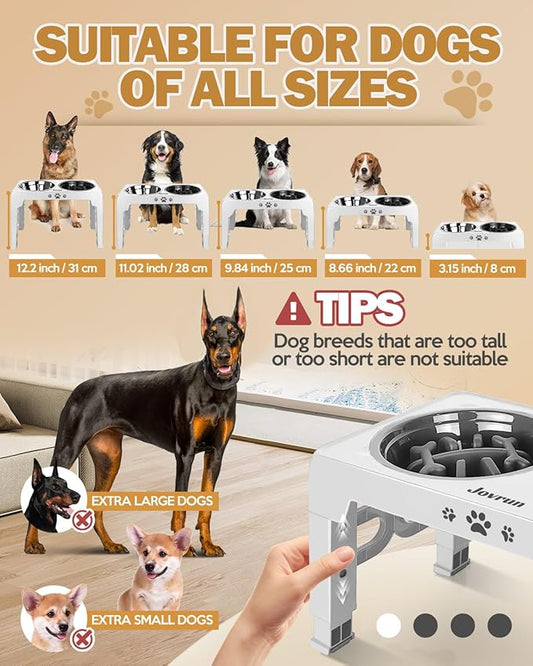 Elevated Dog Bowls, Dog Feeder with Stainless Steel Dishes & Slow Feeder Bowl, 5 Heights Adjustable Raised Stand for Medium Large, Food Dishes with Non-Slip Feet