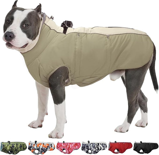 Dog Winter Jacket - Large, Warm Zip Up Snowsuit Dog Harness Vest, Reflective, Water-Resistant, Apricot