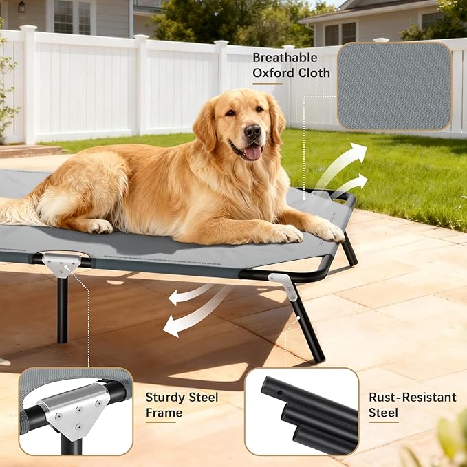 Elevated Outdoor Dog Bed for Large Dogs, Portable Folding Camping Dog Bed, Washable Elevated Pet Beds with No-Slip Feet, Raised Cooling Pet Beds for Indoor & Outdoor Use, Grey, 44 Inches