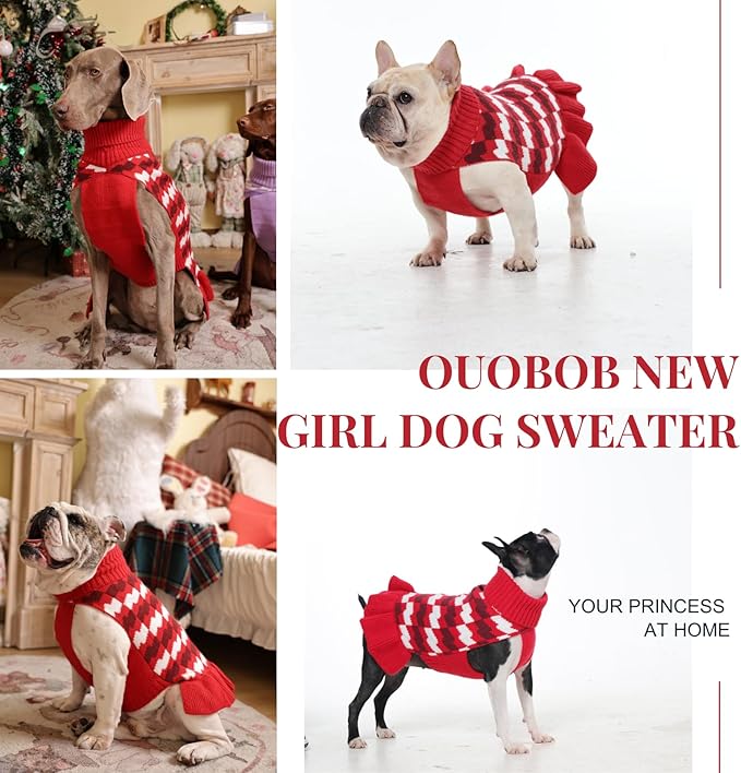 Dog Sweaters for Large Dogs Girl, Dog Sweater Dress with Leash Hole, Thick Turtleneck Knitwear for Female Dogs, Warm Fall Winter Dress for Cold Weather, Thanksgiving, Christmas - Red XL