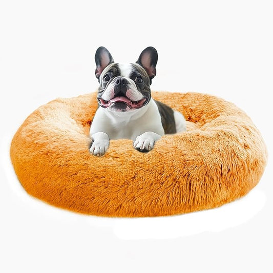 JOLLYVOGUE Small Dog & Cat Beds for Indoor Cats, Donut Cuddler Warming Soft Dog Beds with Anti-Slip Bottom, Round Calming Fluffy Plush Faux Fur Cushion Bed for Medium Dogs (27", Orange)