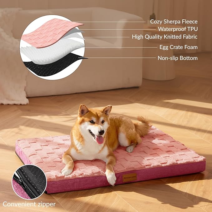 Patas Lague Orthopedic XL Dog Bed Large Sized Dog 42''X28'', Waterproof Soft Comfortable Egg Crate Foam Large Pet Beds Crate Mat with Removable Washable Cover and Nonskid Bottom, Pink