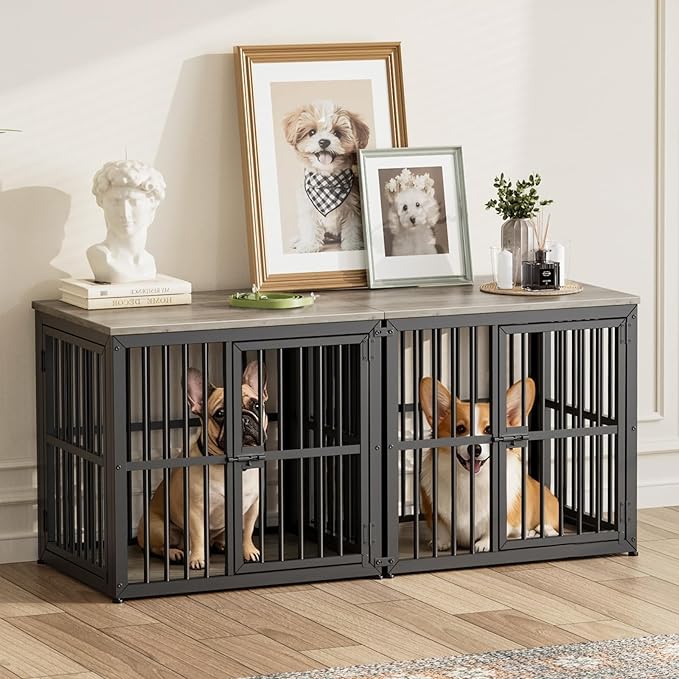 Lyromix 54'' Dog Crate Furniture with Double Rooms,Wooden Crate End Table Heavy Duty Indoor Puppy Cage for 2 Small Dogs, Multiple Units Can be Combined, Grey