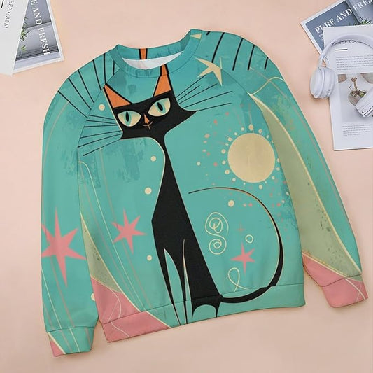 Biacolum Long Sleeve Shirts for Women Mid Century Retro Style Atomic Cat 3D Graphic Sweatshirts Fall Crewneck Pullover Top
