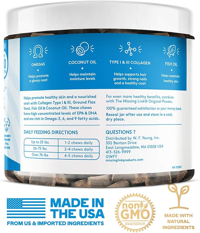 The Missing Link Collagen Care Skin & Coat Soft Chews 60ct - Daily Hair Growth, Healthy Skin & Strong Nails Support for Dogs