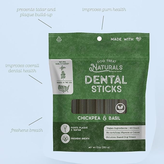 Dog Treat Naturals: Dental Sticks - Chickpea & Basil - 10oz (20ct), Dog Chew Treats, Freshen Breath, Fight Plaque-Tartar, Helps Clean Teeth, USA Made