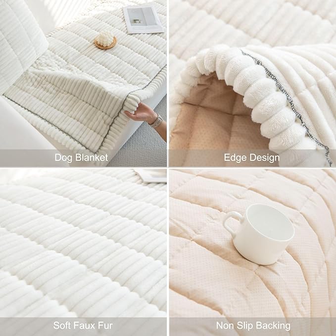 Faux Fur Plush Dog Couch Cover 3D Stripe Fuzzy Sofa Cover Non-Slip Fluffy Dog Bed Cover Pet Blanket Sofa Couch Furniture Protector for Puppy Large Dog Cat (Cream,31"x82")