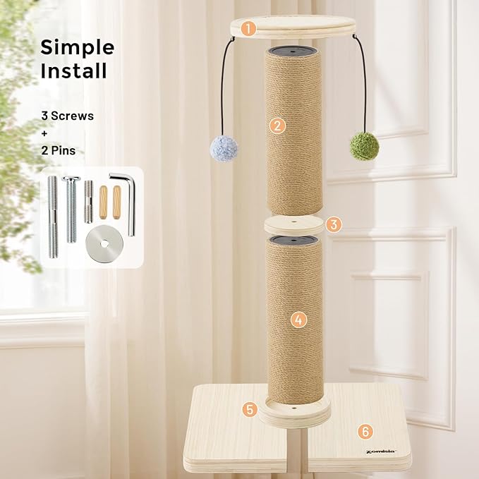35'' Tall Cat Scratching Post, 4.7'' Large Scratch Post with Thicken Wooden Base for Indoor Cats Adults, Sisal Scratcher Top & Dangling Balls, Super Sturdy