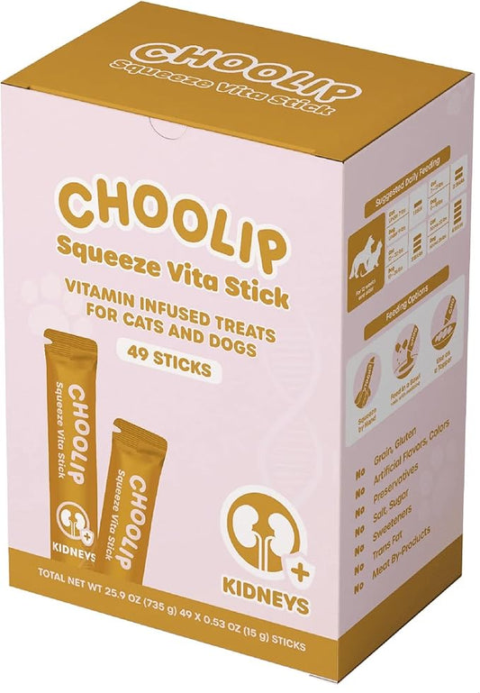 Choolip Squeeze Vita Stick Lickable Cat and Dog Treats – 49-Count Kidney Support Sticks with Multivitamins, Soft Squeezable Paste for All Life Stages, Supporting Kidney Health - Box with 7 Pouches
