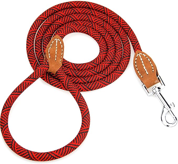 Mile High Life | Mountain Climbing Dog Rope Leash with Heavy Duty Metal Sturdy Clasp | Genuine Leather Tailored Connection with Strong Stitches (Red, 48 Inch (Pack of 1))