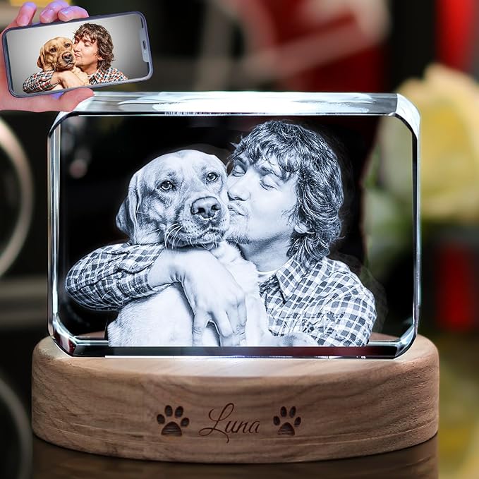 Personalized Pet 3D Crystal Photo，Pet Memorial Gifts for Dogs Cats Horses，Custom 3D Pictures,Engraved Crystal in Memory of Dog, Customized