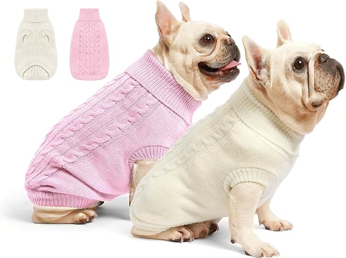 2 Pack Dog Sweaters for Small Dogs - Puppy Medium Warm Clothes in Winter, Turtleneck Pullover Design for Boy Girl Pet, Doggie, Cat, Kitten Chihuahua Bulldog Pug Beagles (2XS, Pink, Beige)