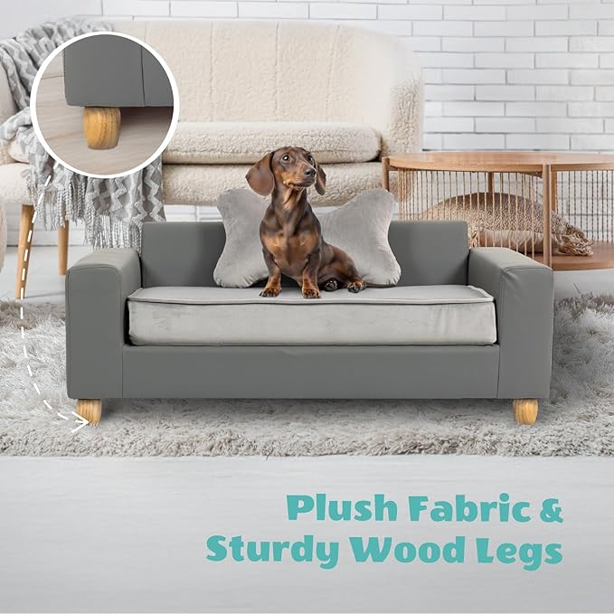 CRITTER SITTERS 43” Faux Leather Ped Bed in Dark Grey, Durable Washable Sofa Couch for Large Cats & Dogs, Must Have Essential Furniture Accessory for Kittens & Puppies