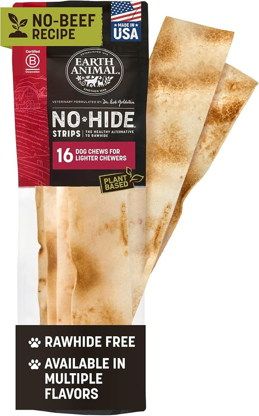 Earth Animal No Hide Strips - Natural Rawhide Free Dog Chew Strips, Beef Free - 16 Count