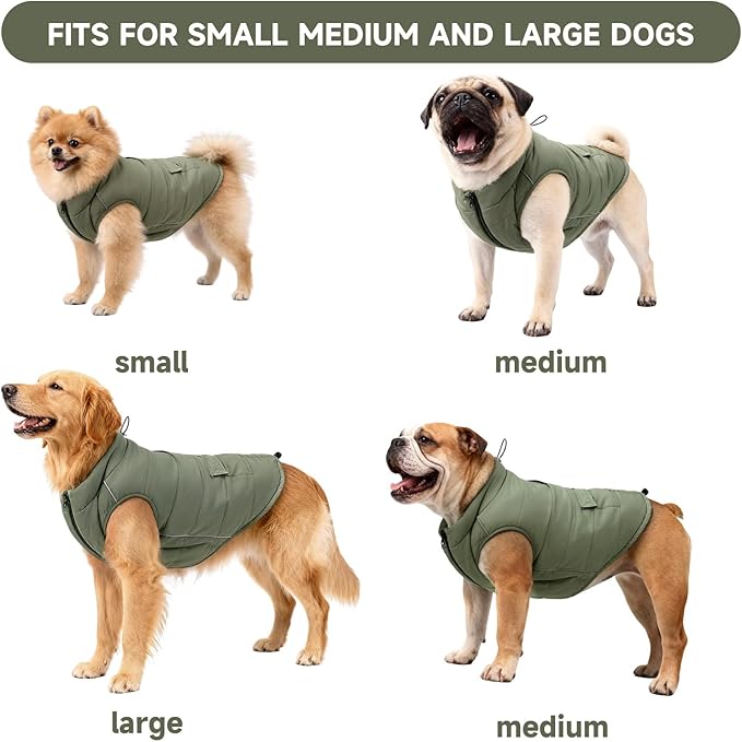 Dog Winter Coat - Waterproof Cold Weather Coat with Thick Padding, Windproof Dog's Snow Jacket with Neck & Tail Drawstrings, Reflective Puppy Jacket - Dog Coats, Olive Green M