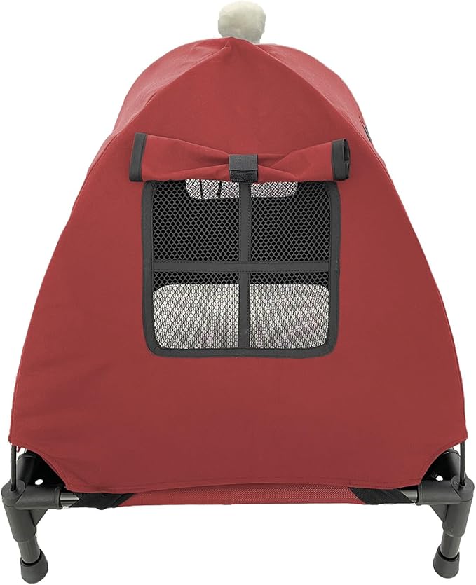 Pozico Elevated Pet Bed with Breathable Mesh for Small Cat and Dog, Raised Cooling Pet Cot for Puppy and Kitty, 18.9x18.9 inch (Red Bed with Canopy)